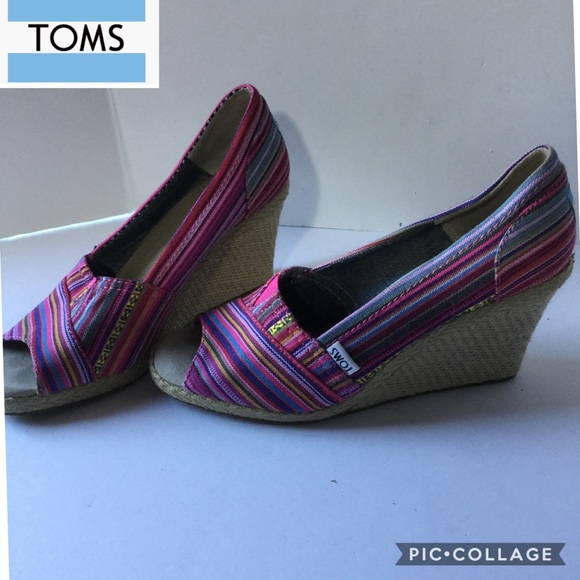 Toms wedge size 8W fabric stripe jute heel peep to - Picture 1 of 10